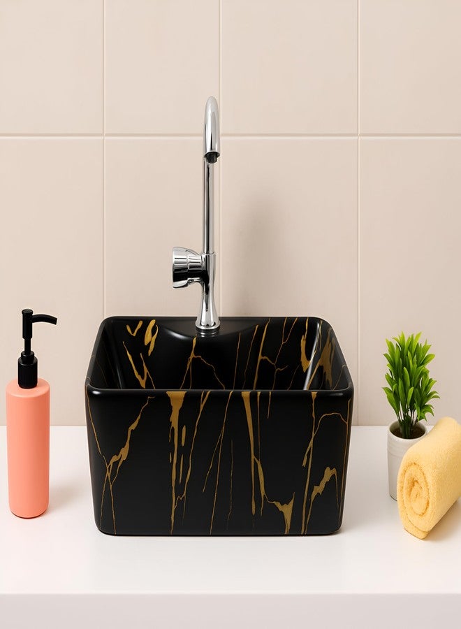 SEA SHORE حوض غسيل سطح الطاولة من السيراميك المستورد من سي شور، حوض ذو حافة رفيعة للحمام وغرفة المعيشة (20 × 15 × 5.5 بوصة، أسود-ذهبي-جيلي) - Image 4